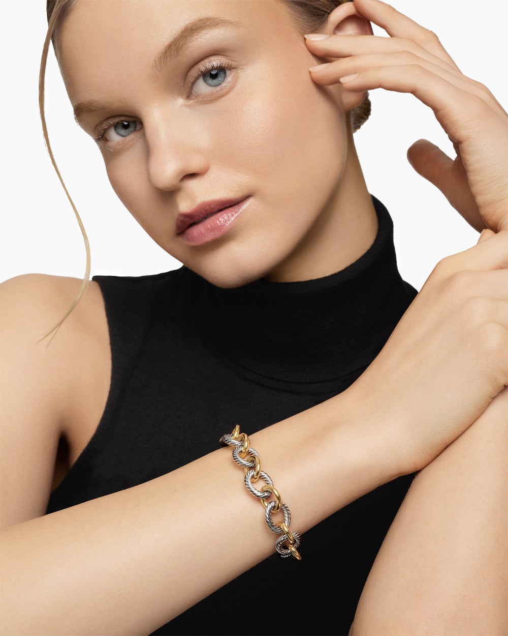 Womens Oval Link Chain Bracelet in Sterling Silver with 18K Yellow Gold, 12mm