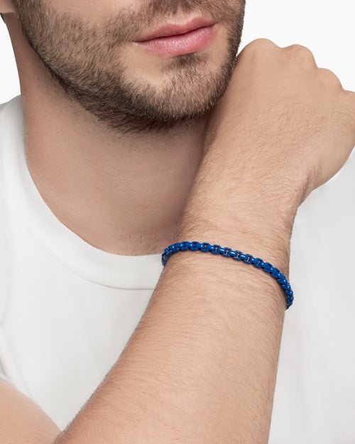 Mens Box Chain Bracelet in Sterling Silver with Blue Stainless Steel, 5mm