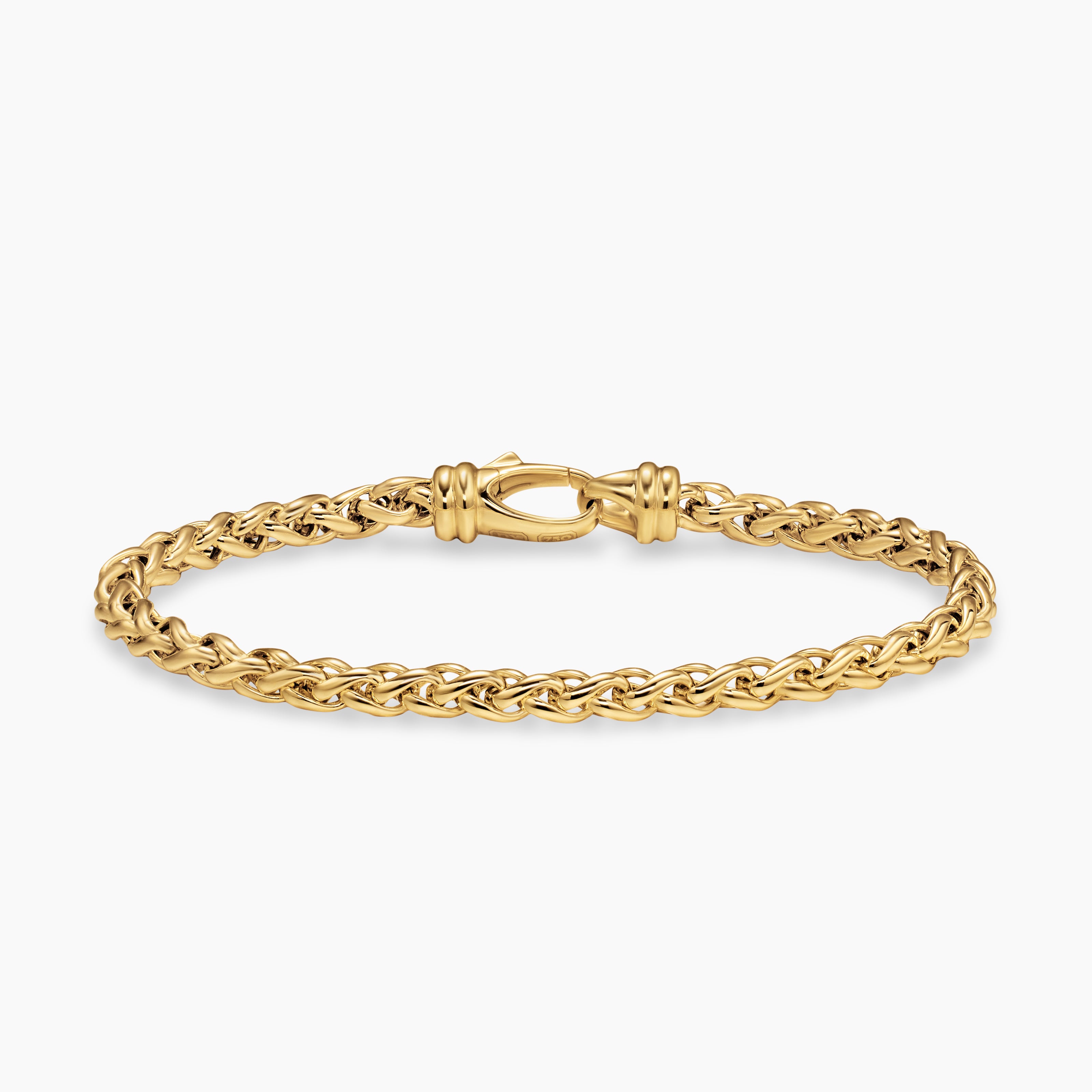 Mens Wheat Chain Bracelet in 18K Yellow Gold, 4mm