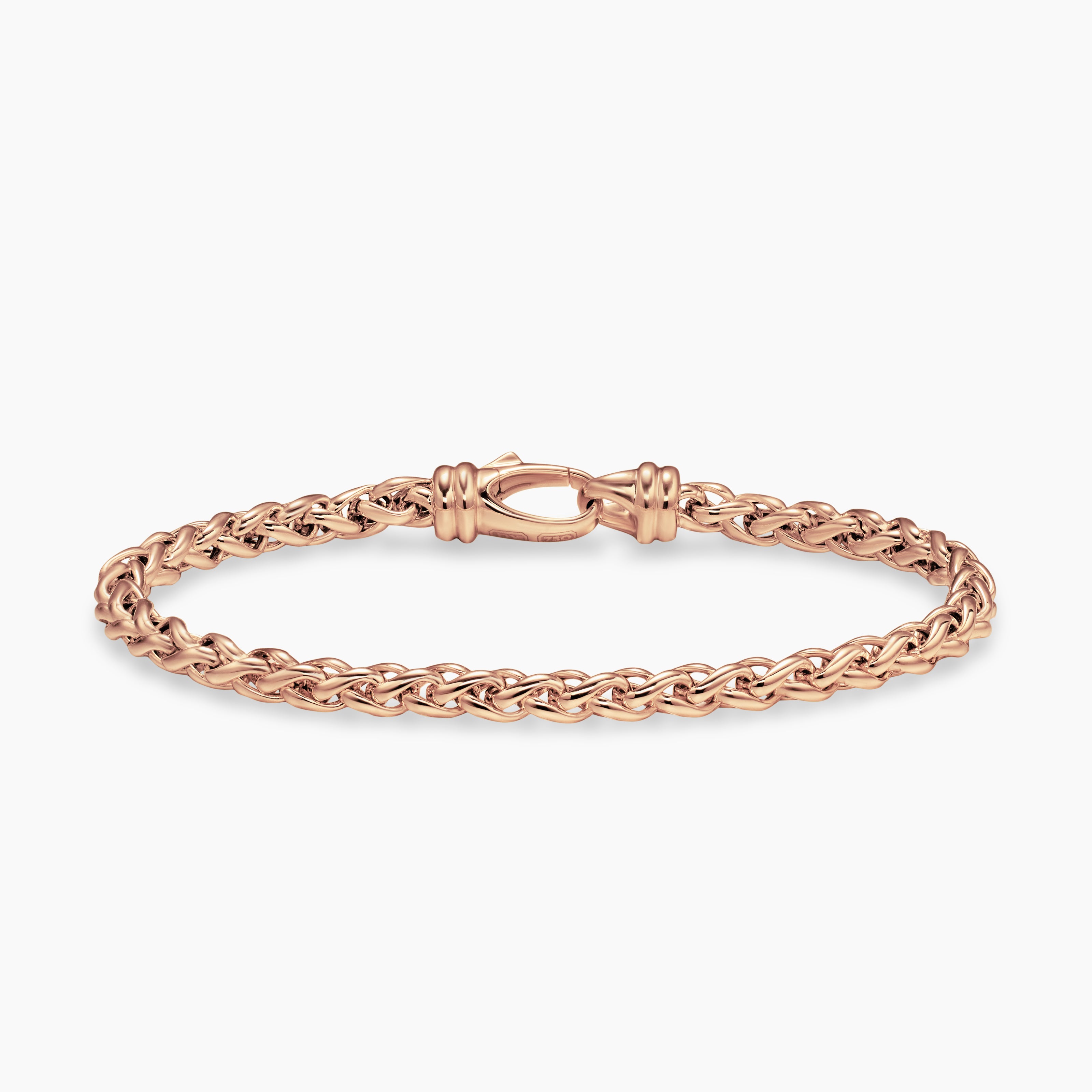 Mens Wheat Chain Bracelet in 18K Rose Gold, 4mm
