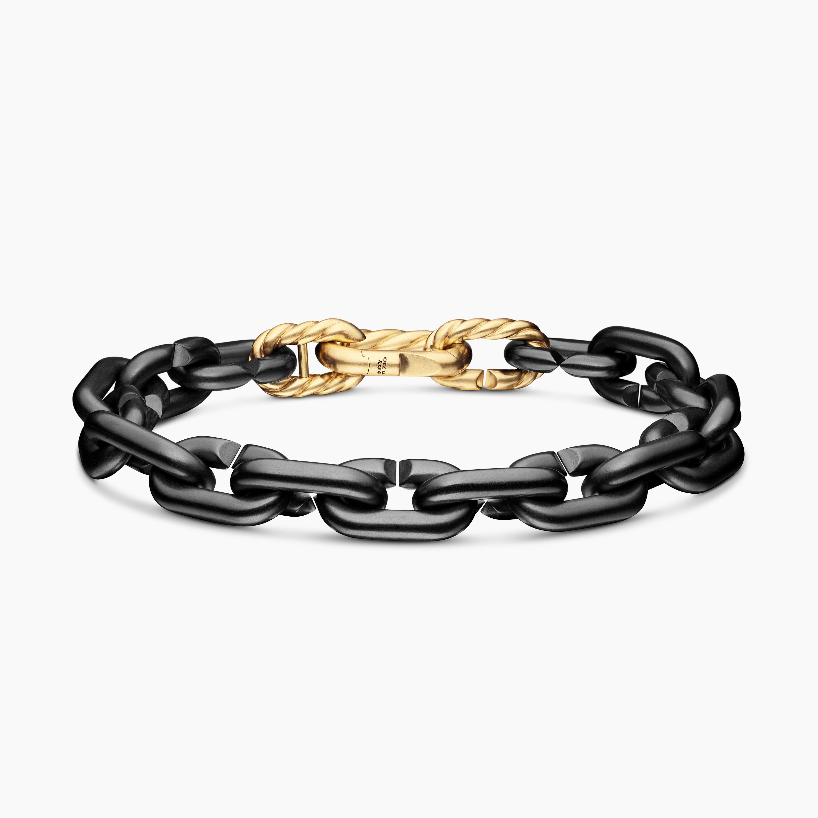 Mens Chain Links Bracelet in Black Titanium with 18K Yellow Gold, 10mm