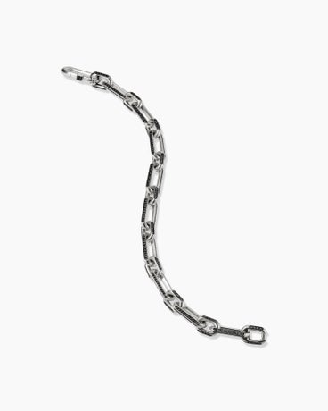 Elongated Open Link Chain Bracelet in Sterling Silver with Black Diamonds, 8mm