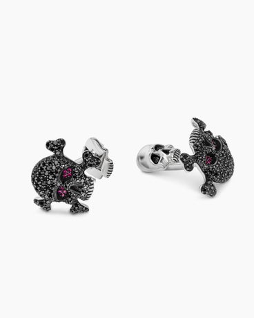 Memento Mori Skull Cufflinks in Sterling Silver with Black Diamonds and Rubies, 24mm