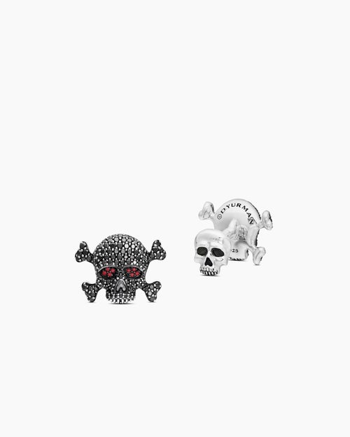 Mens Memento Mori Skull Cufflinks in Sterling Silver with Black Diamonds and Rubies, 24mm