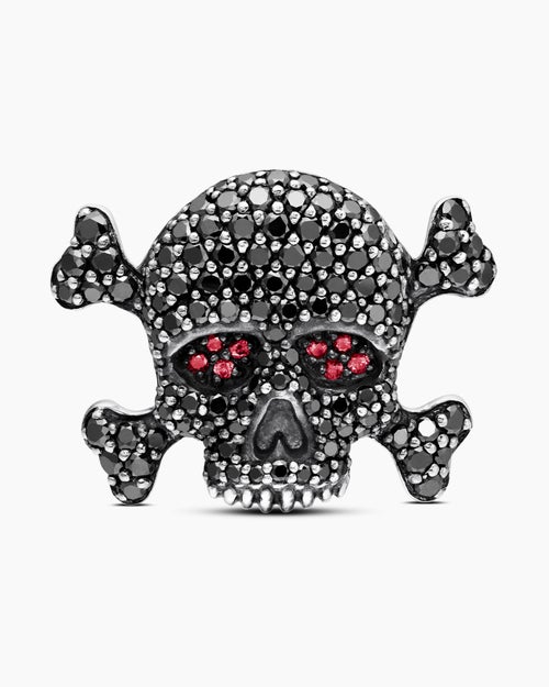 Mens Memento Mori Skull Cufflinks in Sterling Silver with Black Diamonds and Rubies, 24mm