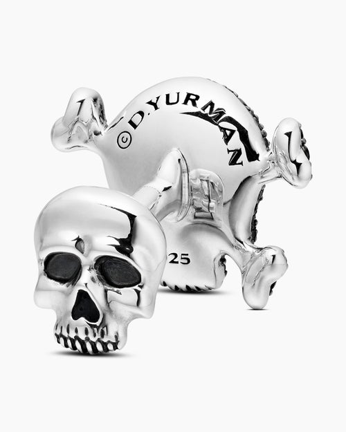 Mens Memento Mori Skull Cufflinks in Sterling Silver with Black Diamonds and Rubies, 24mm