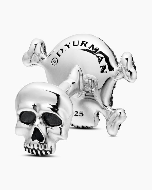 Memento Mori Skull Cufflinks in Sterling Silver with Black Diamonds and Rubies, 24mm