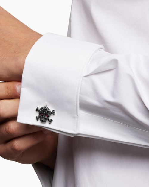 Mens Memento Mori Skull Cufflinks in Sterling Silver with Black Diamonds and Rubies, 24mm