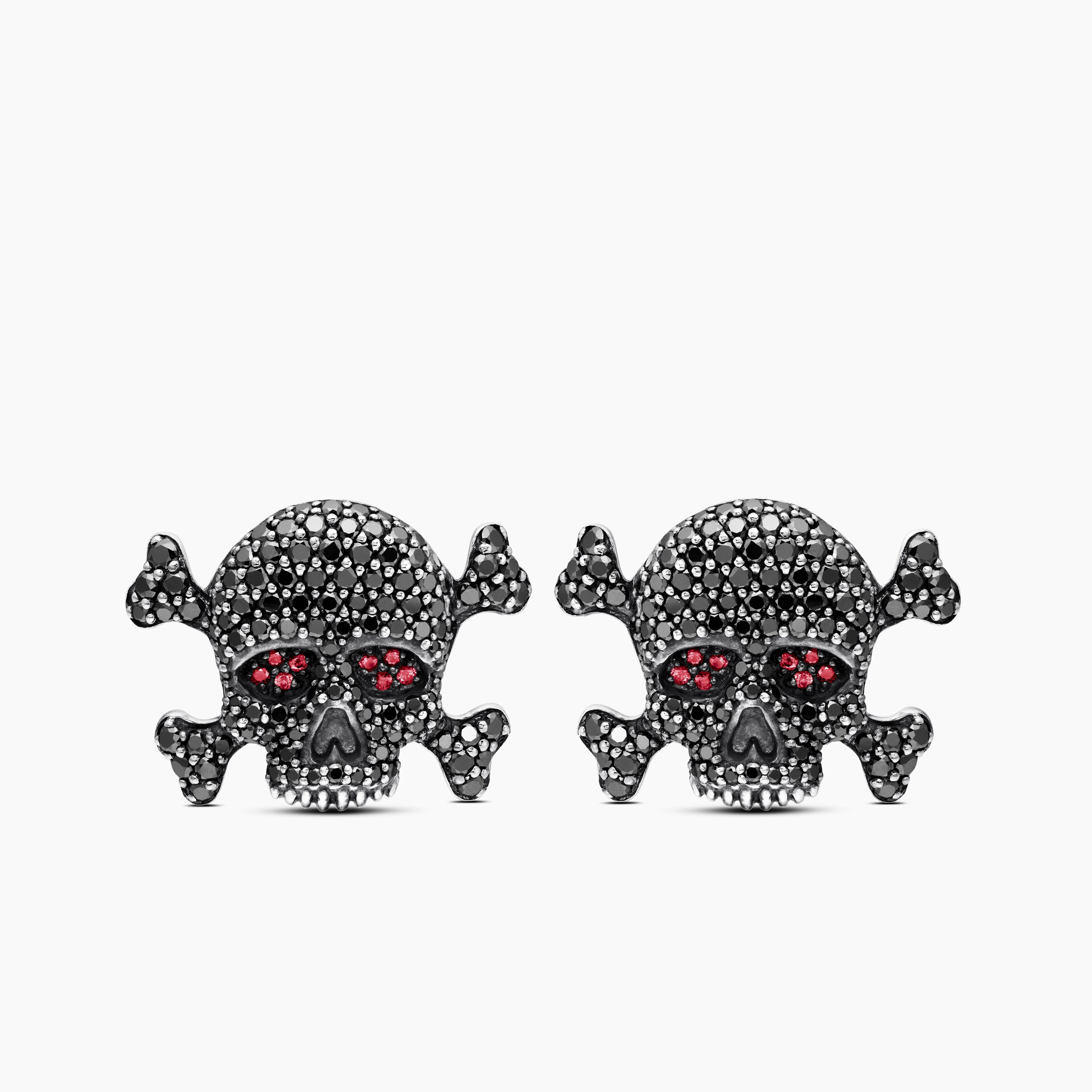 Mens Memento Mori Skull Cufflinks in Sterling Silver with Black Diamonds and Rubies, 24mm