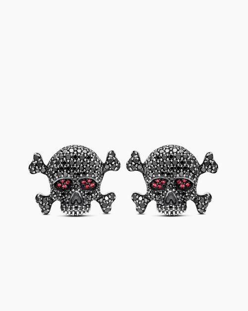 Mens Memento Mori Skull Cufflinks in Sterling Silver with Black Diamonds and Rubies, 24mm