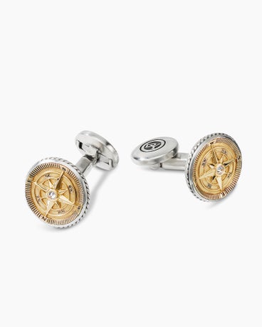 Maritime® Compass Cufflinks in Sterling Silver with 18K Yellow Gold and Center Diamond, 16mm