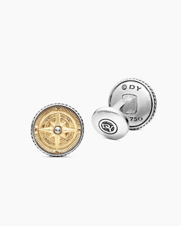 Boutons de manchette boussole Maritime® en argent sterling avec or jaune 18 carats et diamant central, 16 mm