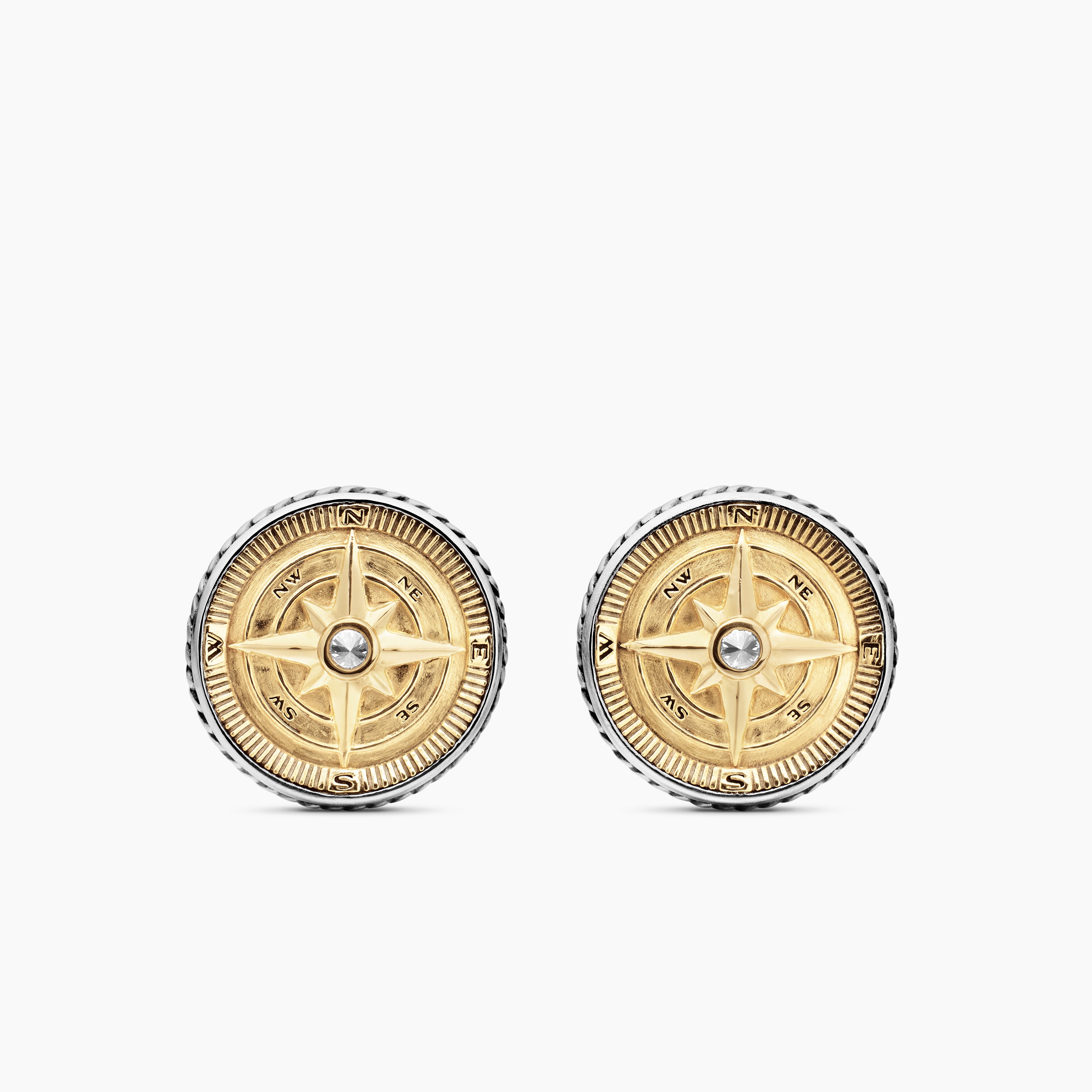 Mens Maritime&reg; Compass Cufflinks in Sterling Silver with 18K Yellow Gold and Center Diamond, 16mm