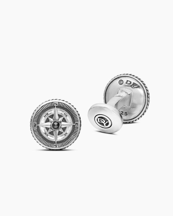 Boutons de manchette boussole Maritime® en argent sterling avec diamant noir central, 16 mm