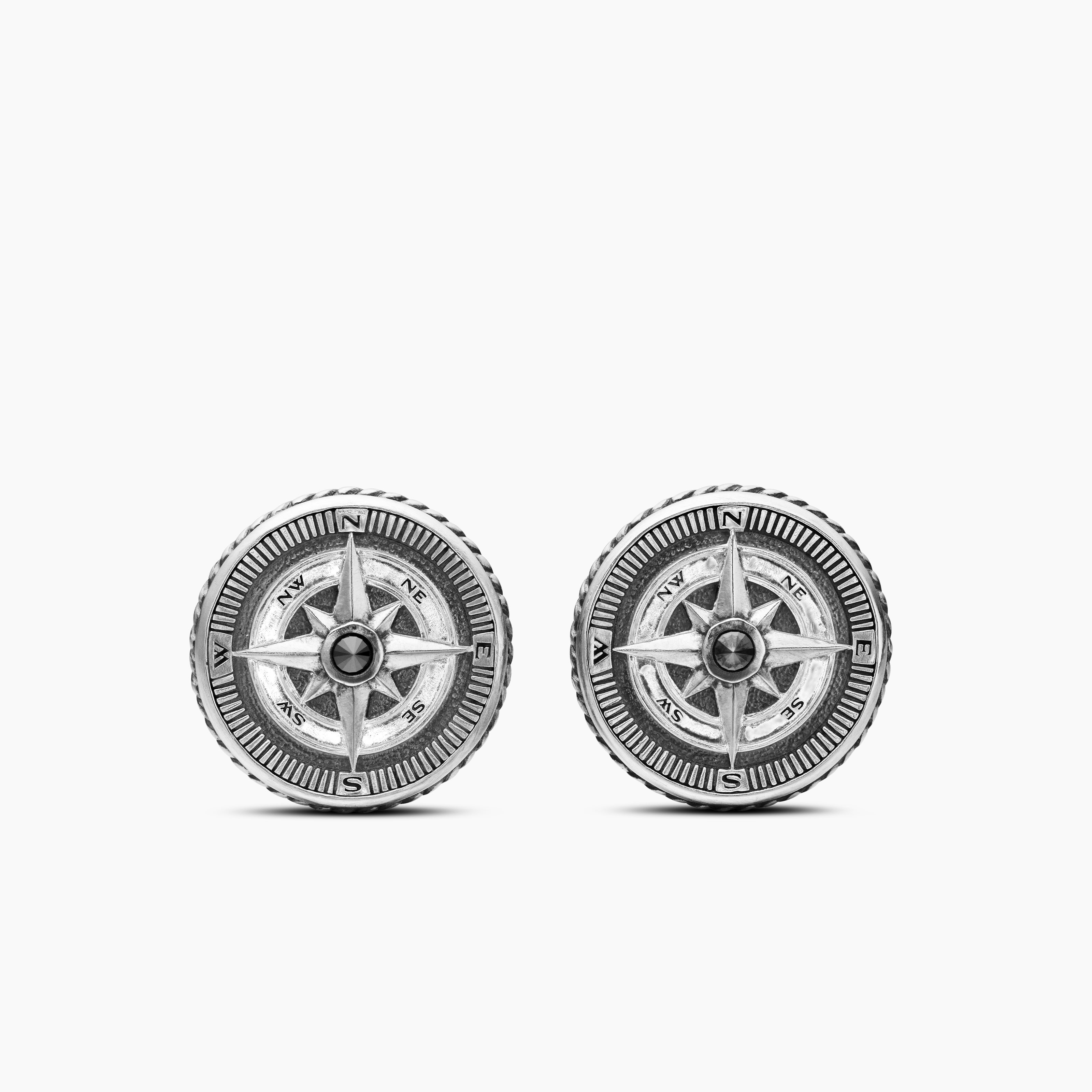 Mens Maritime&reg; Compass Cufflinks in Sterling Silver with Center Black Diamond, 16mm