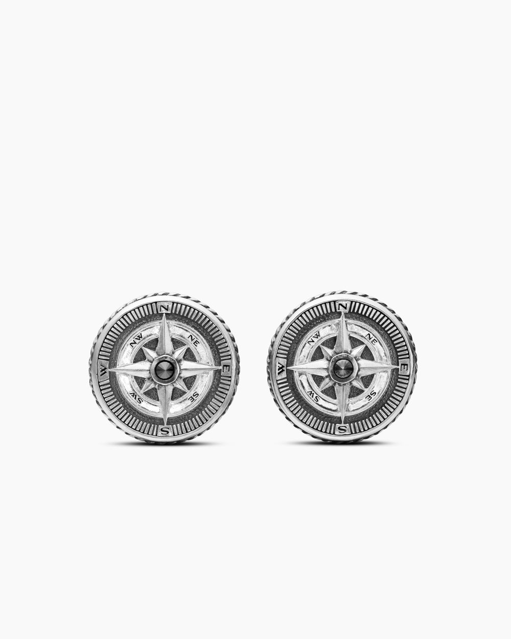 Mens Maritime® Compass Cufflinks in Sterling Silver with Center Black Diamond, 16mm