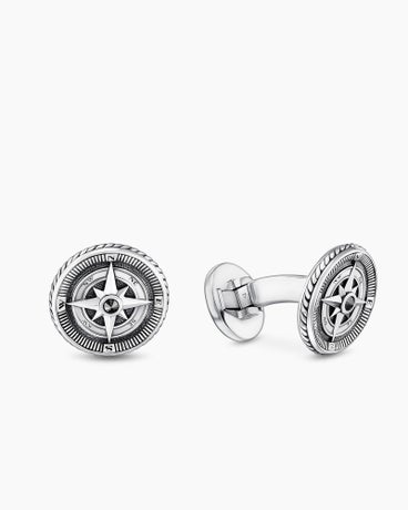 Maritime® Compass Cufflinks in Sterling Silver with Centre Black Diamond, 16mm