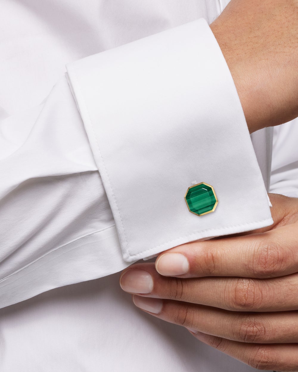 Mens Streamline® Cufflinks in Sterling Silver with 14K Yellow Gold and Malachite, 15mm