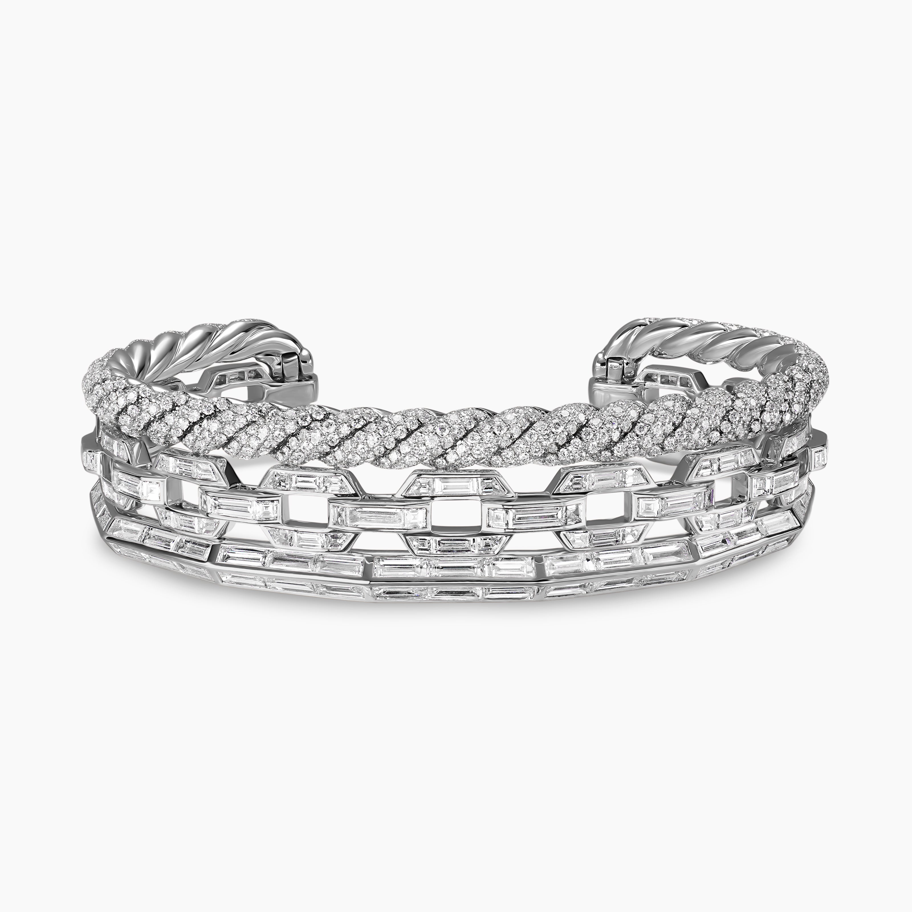 Womens Stax Three Row Cuff Bracelet in White Gold with Diamonds
