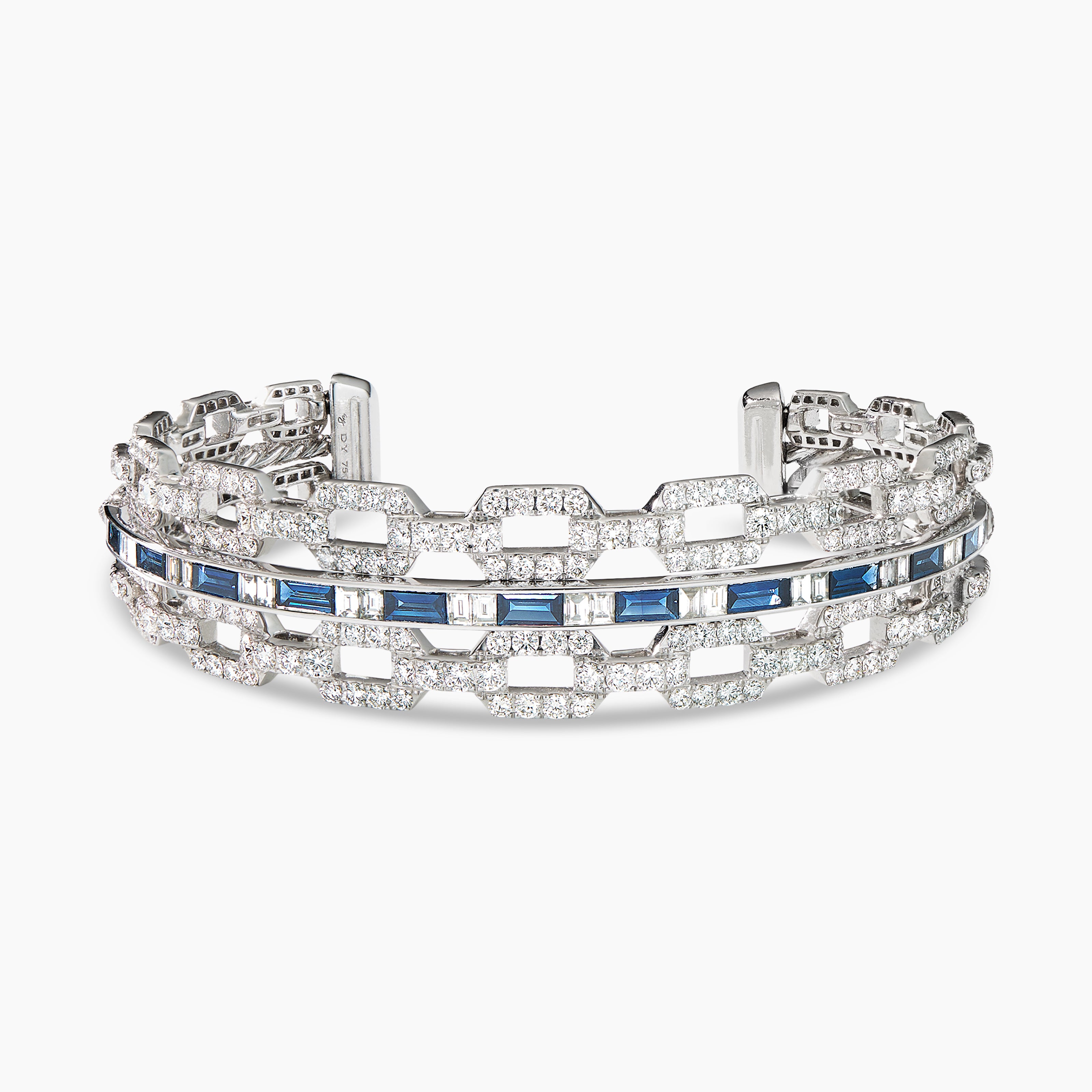 Womens Stax Three Row Cuff Bracelet in White Gold with Sapphires and Diamonds