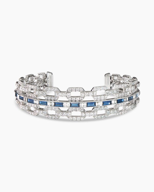 Stax Three Row Cuff Bracelet in White Gold with Sapphires and Diamonds