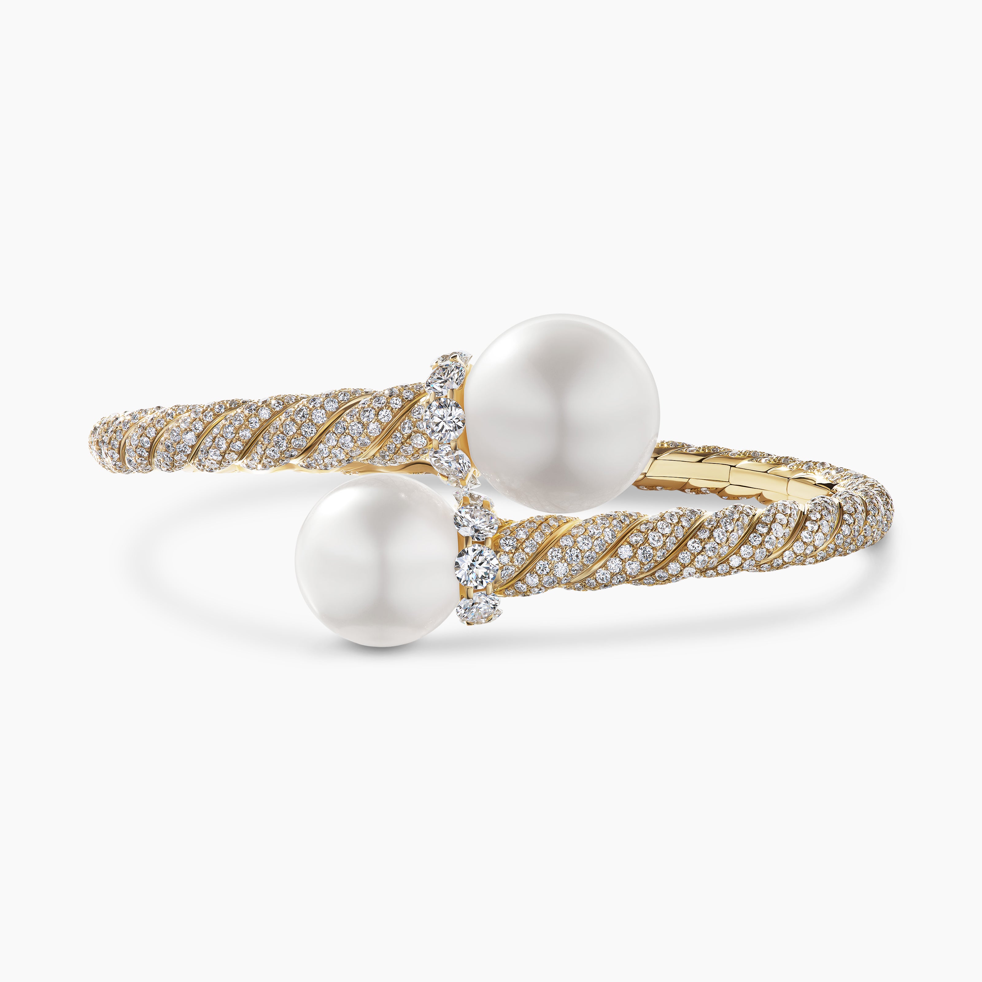 Womens DY Lumina South Sea White Pearl Sculpted Cable Flex Bypass Bracelet in Yellow Gold with Diamonds