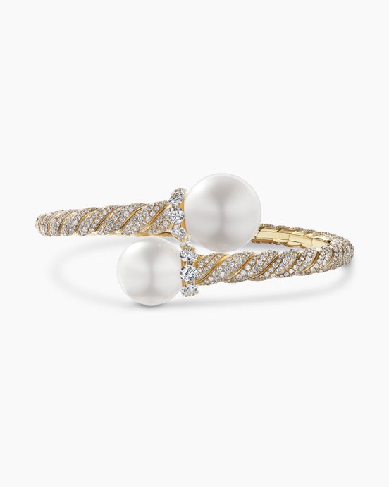 DY Lumina South Sea White Pearl Sculpted Cable Flex Bypass Bracelet in Yellow Gold with Diamonds