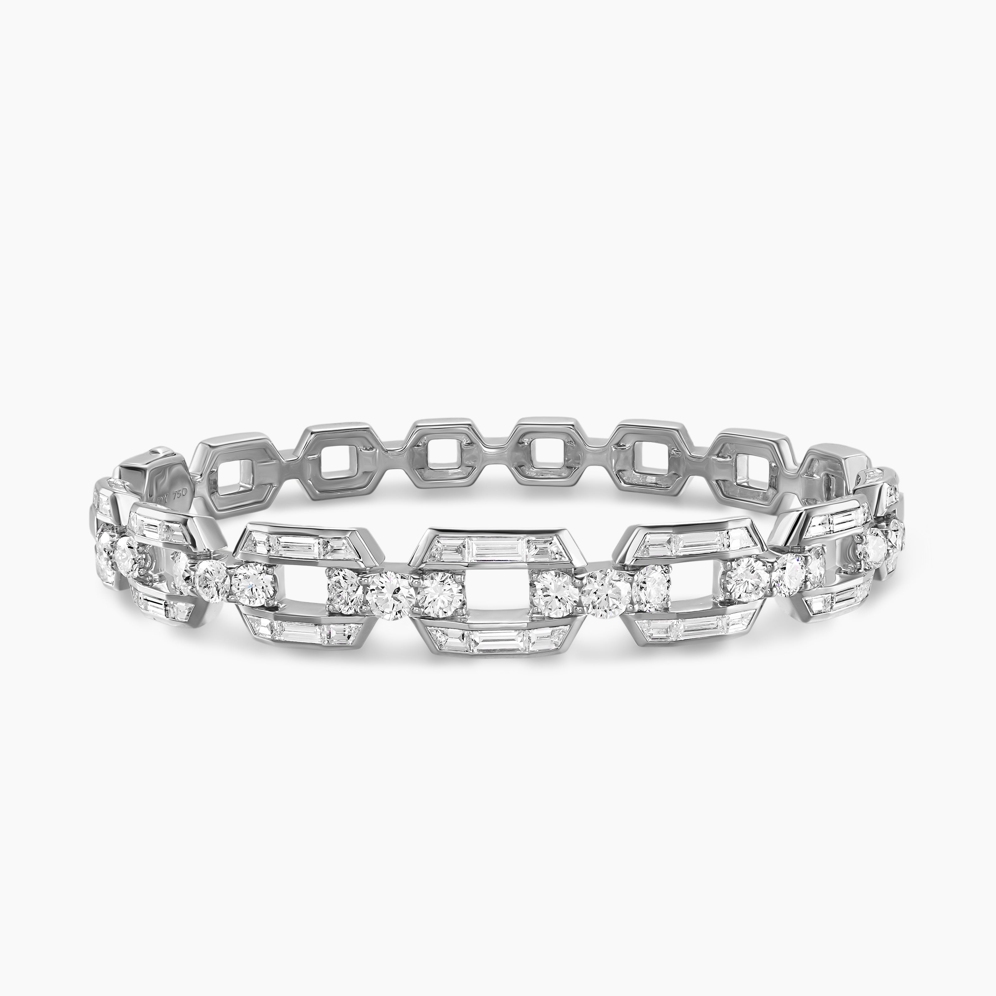 Womens Deco Chain Bangle Bracelet in White Gold with Diamonds