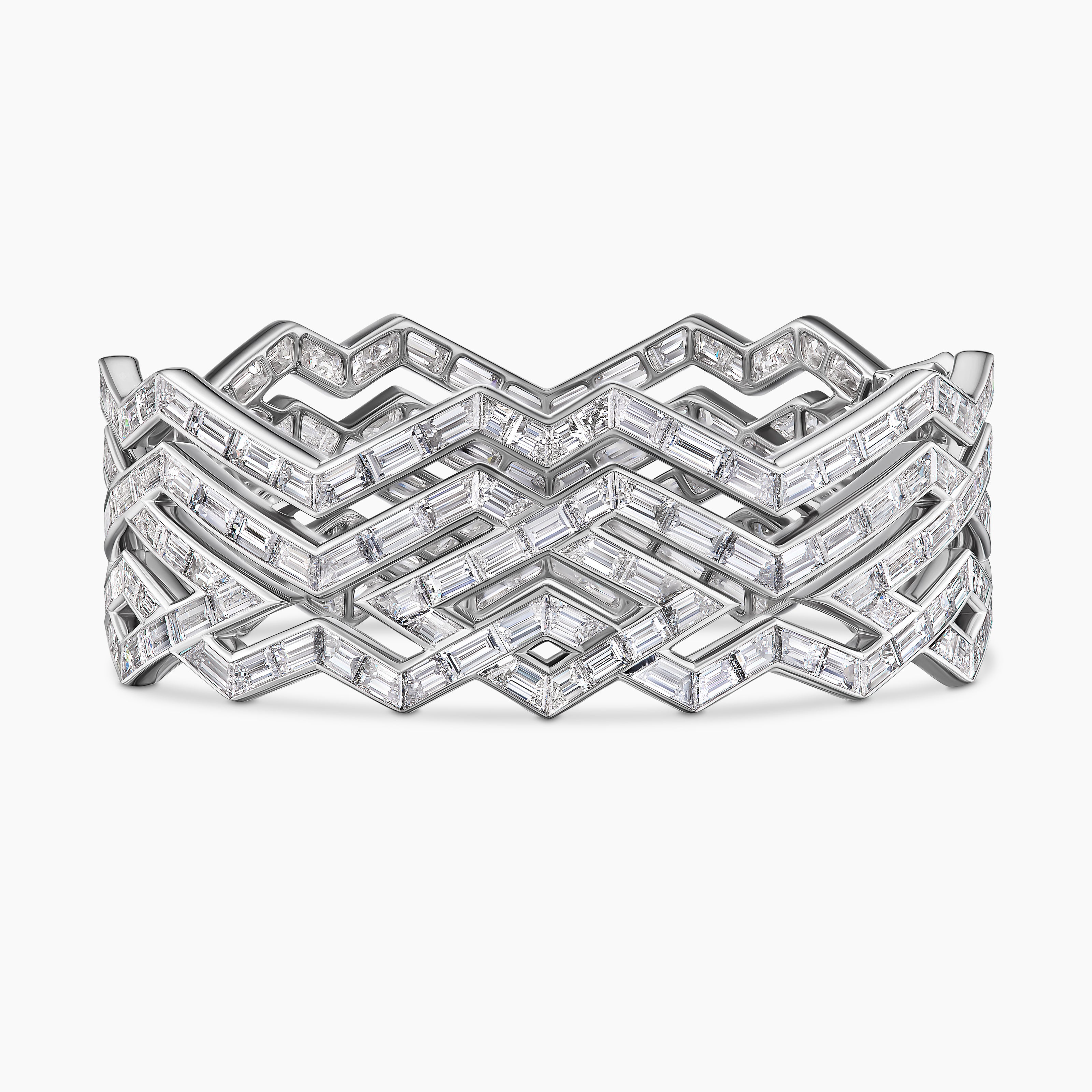 Womens Stax Zig Zag Multi Row Bangle Bracelet in White Gold with Diamonds