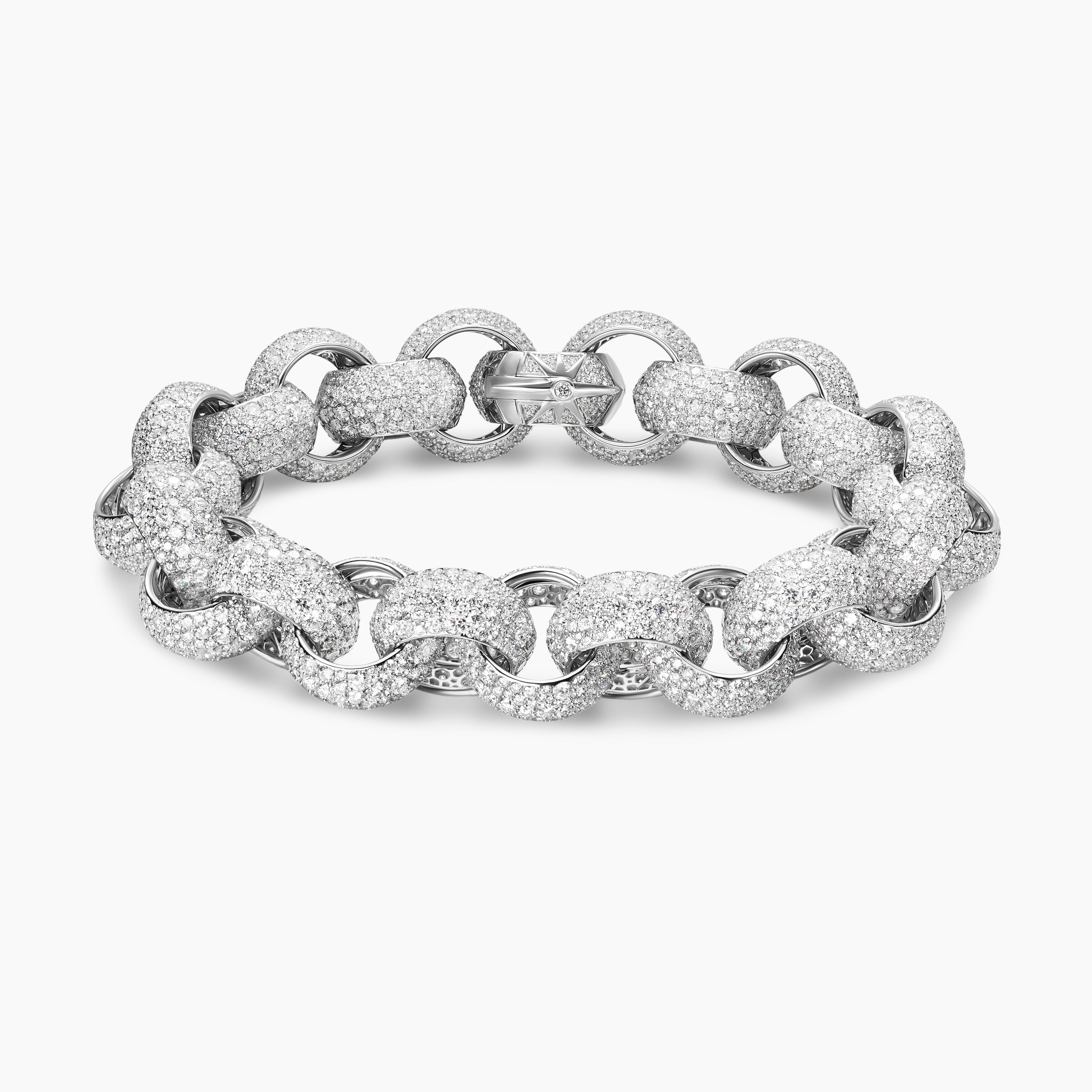 Womens Mosaic Pav&eacute; Round Link Chain Bracelet in White Gold