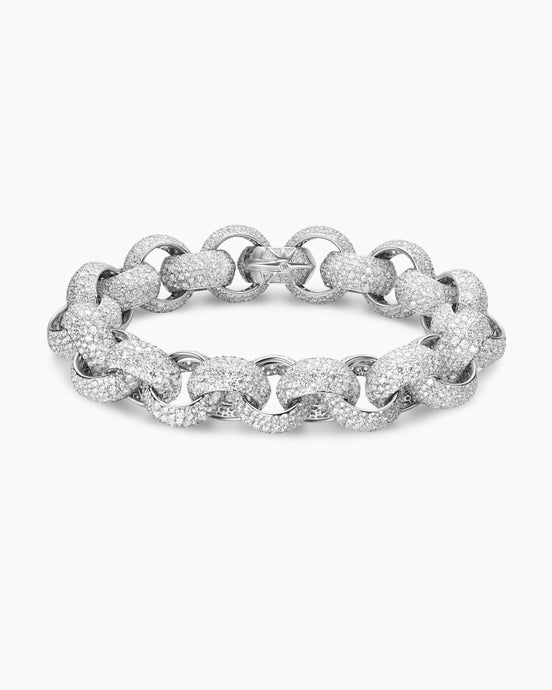Mosaic Pavé Round Link Chain Bracelet in White Gold