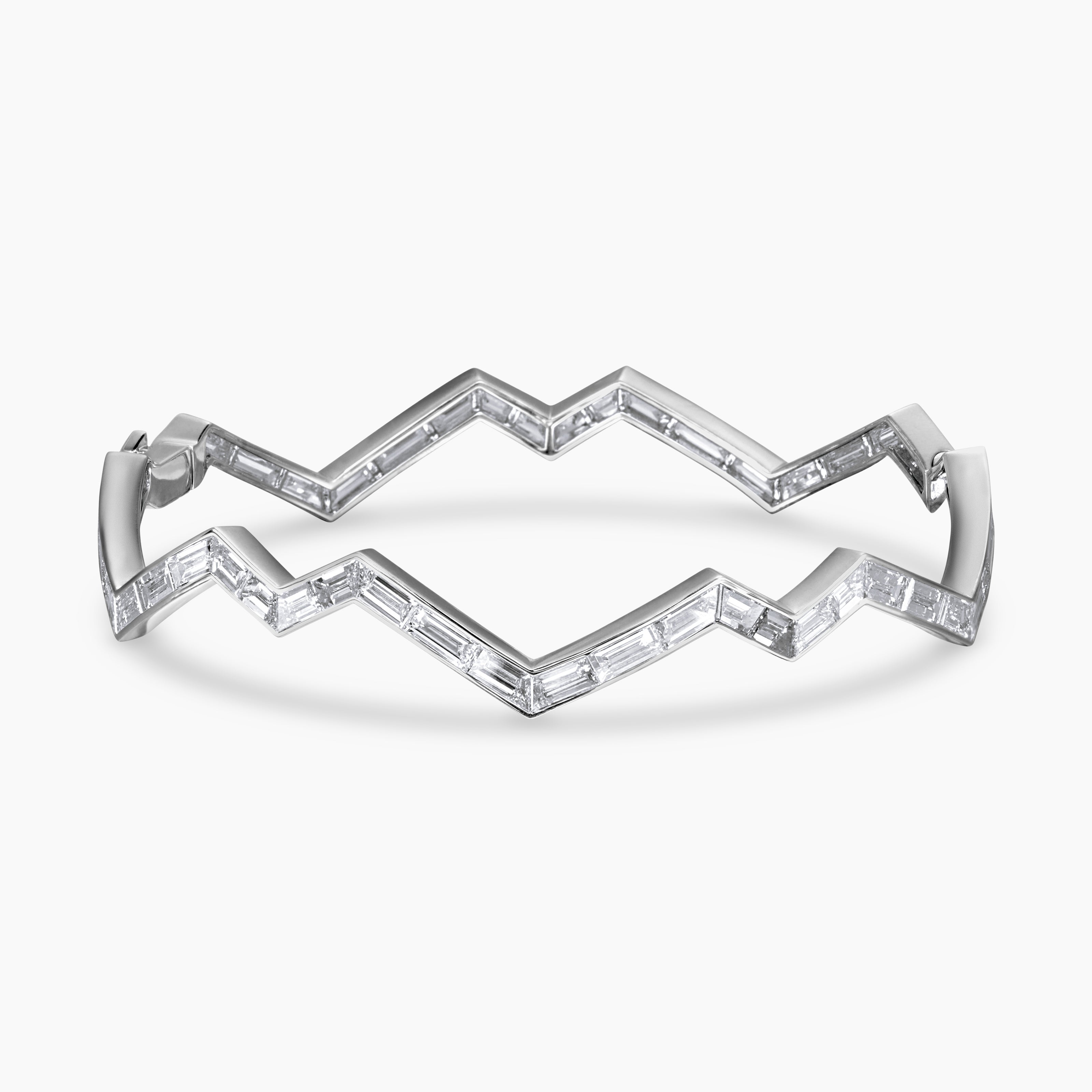 Womens Stax Zig Zag Bangle Bracelet in White Gold with Diamonds