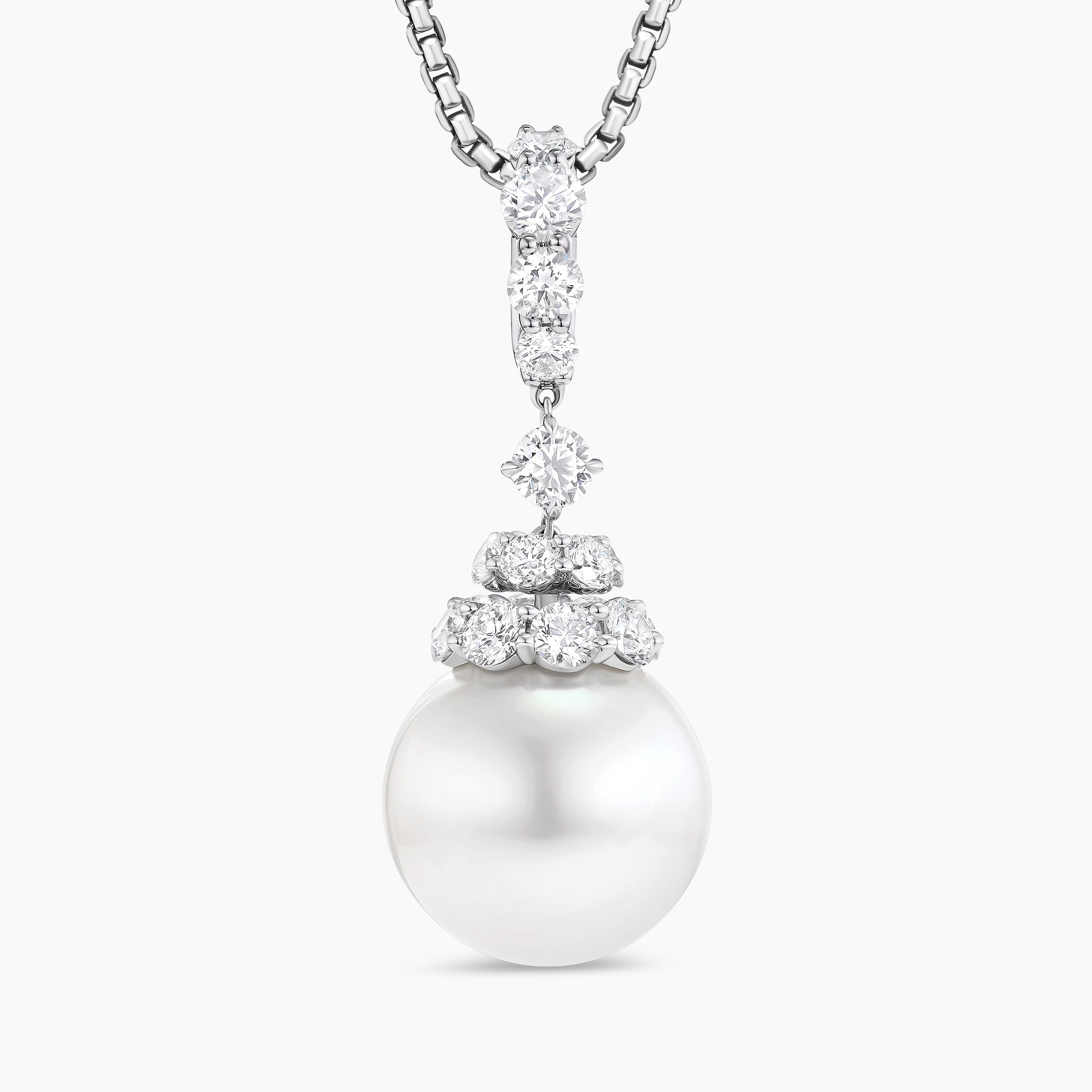 Womens Floating Diamonds and South Sea White Pearl Pendant in White Gold