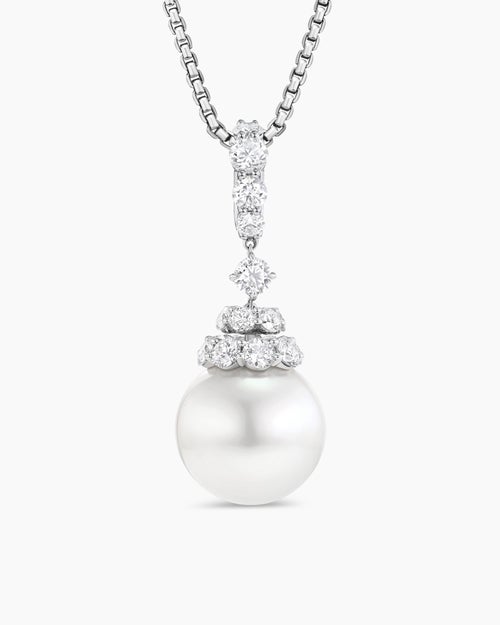 Womens Floating Diamonds and South Sea White Pearl Pendant in White Gold