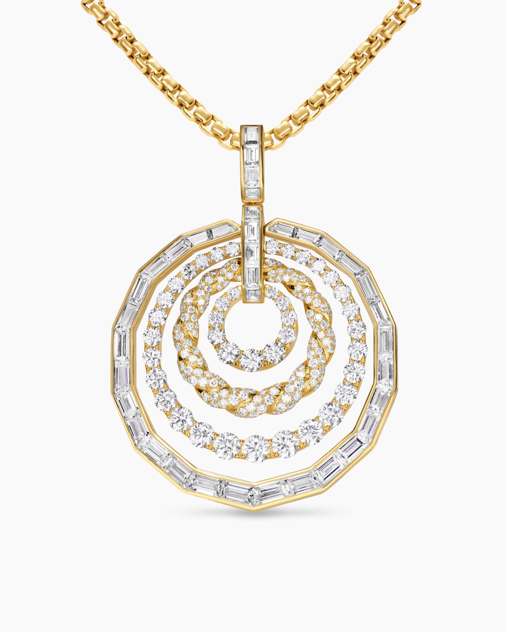 Womens Stax Baguette and Round Dangle Pendant in Yellow Gold with Diamonds