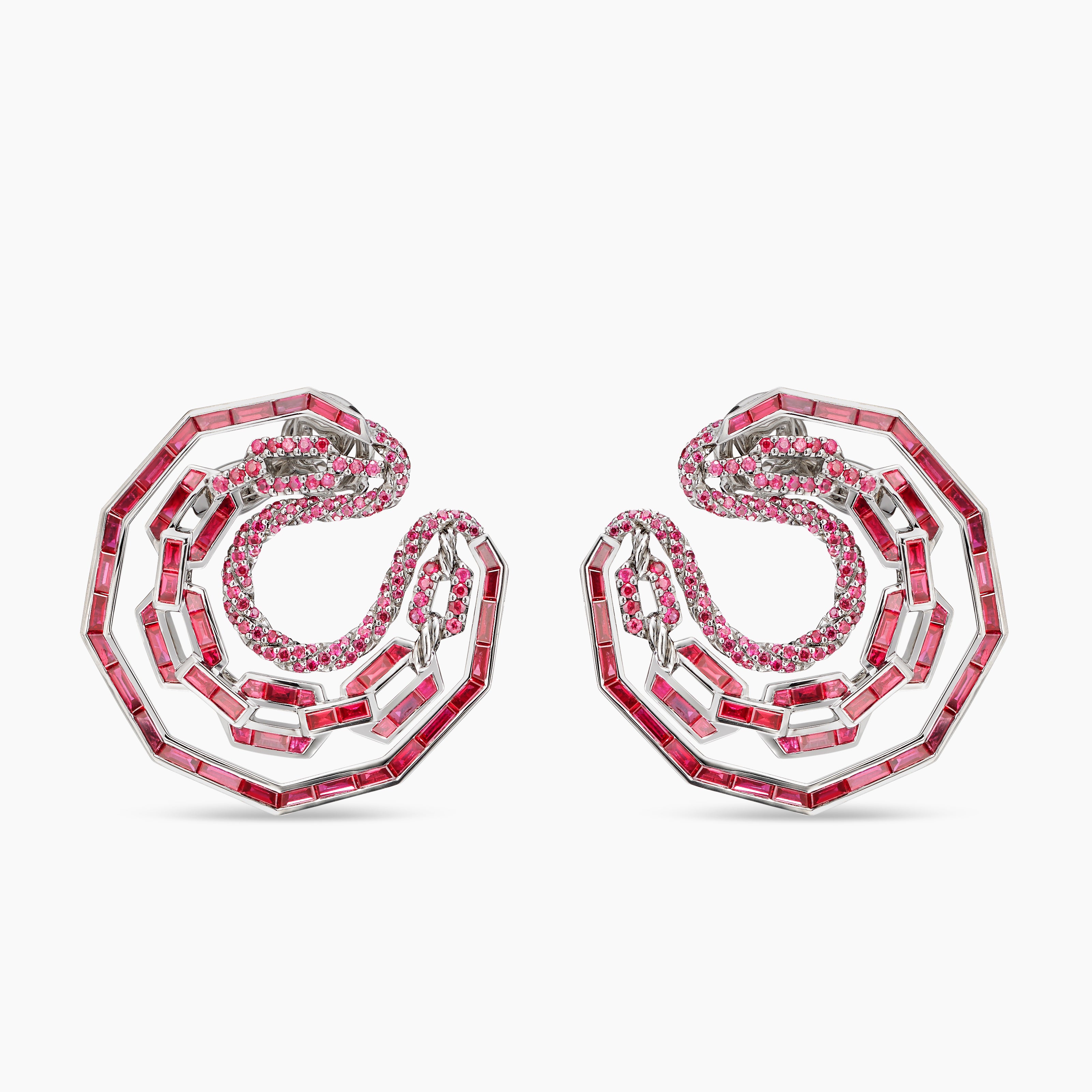 Womens Stax Round Hoop Earrings in White Gold with Red Rubies