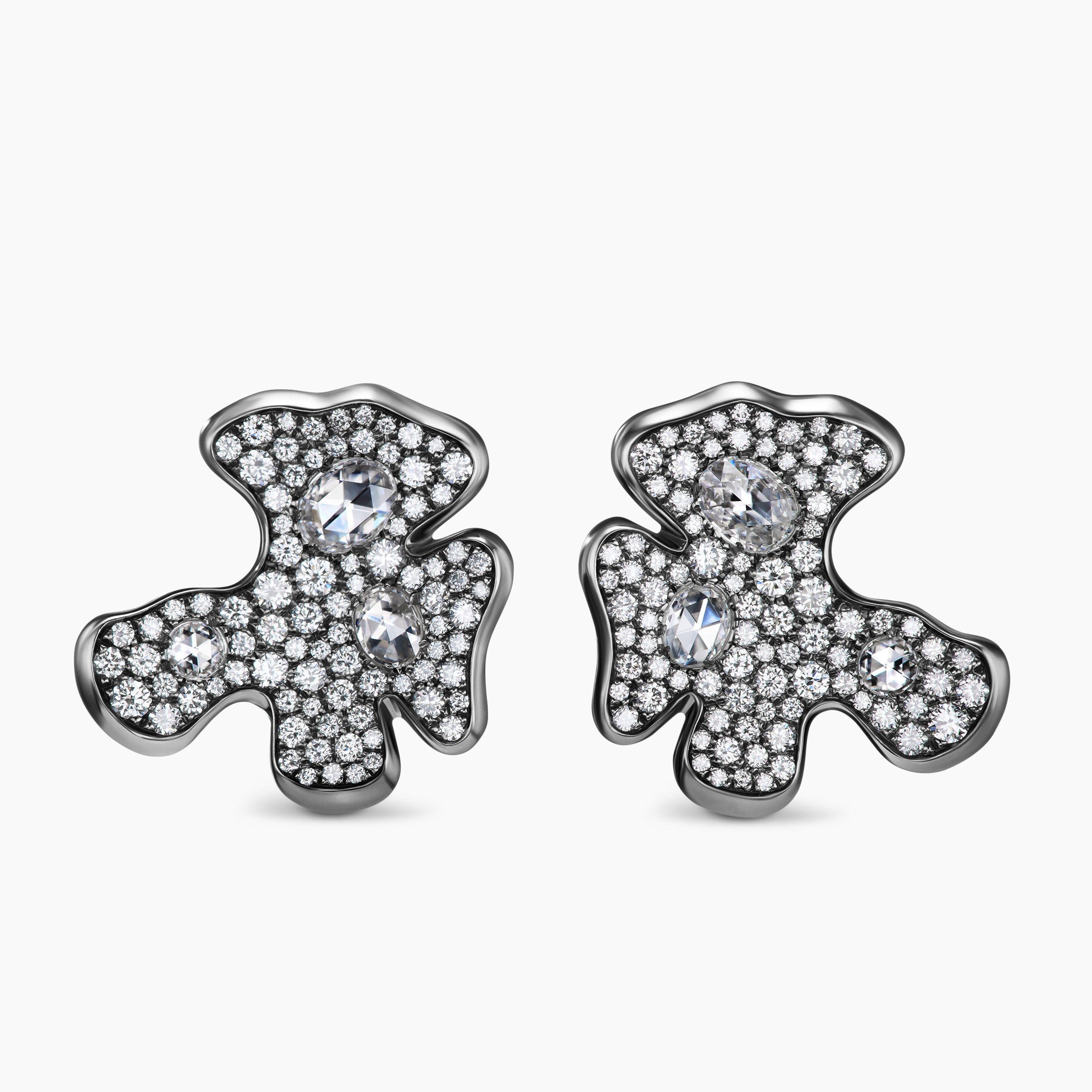 Womens Petals Stud Earrings in White Gold with Rhodiated Black and Diamonds