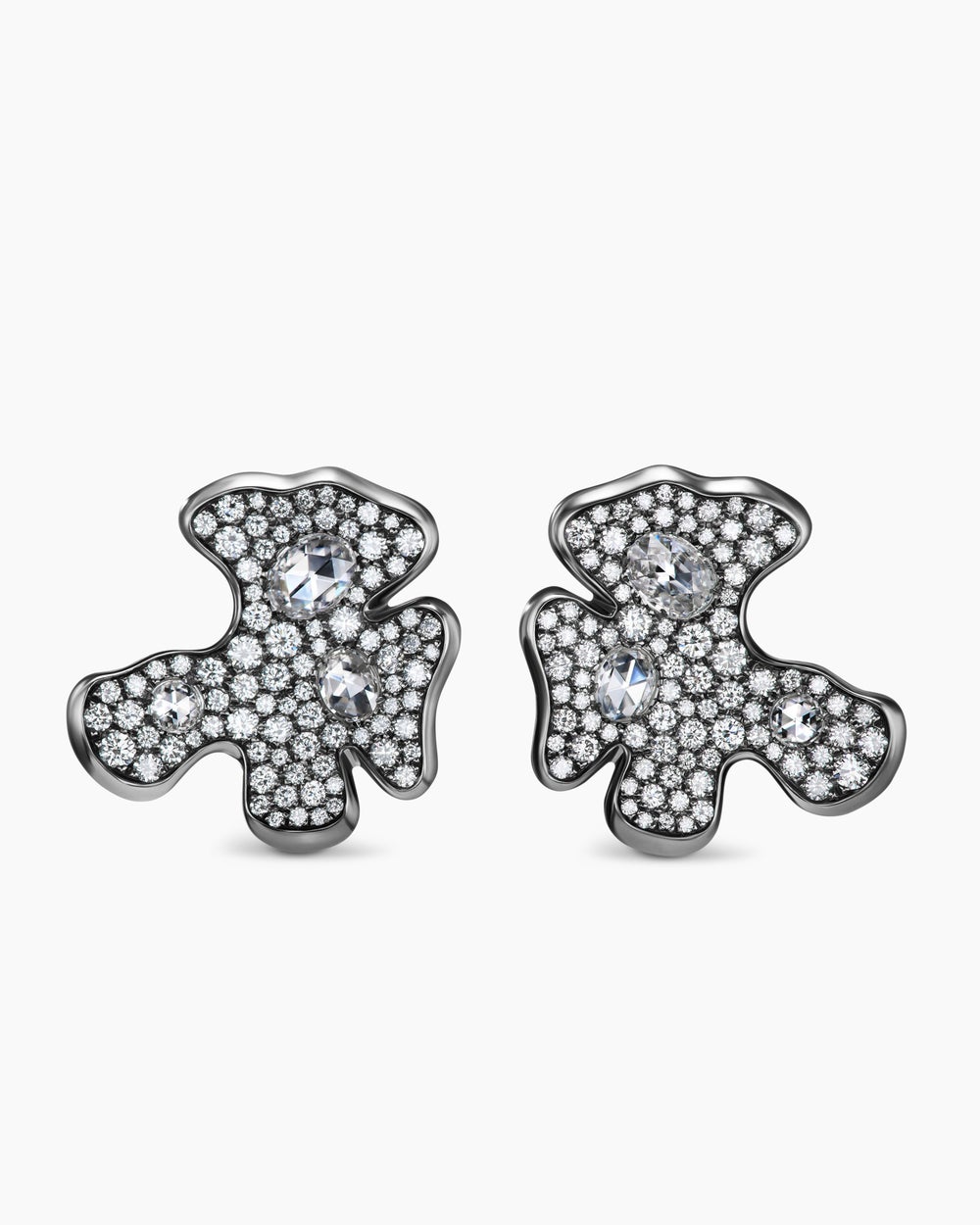 Womens Petals Stud Earrings in White Gold with Rhodiated Black and Diamonds