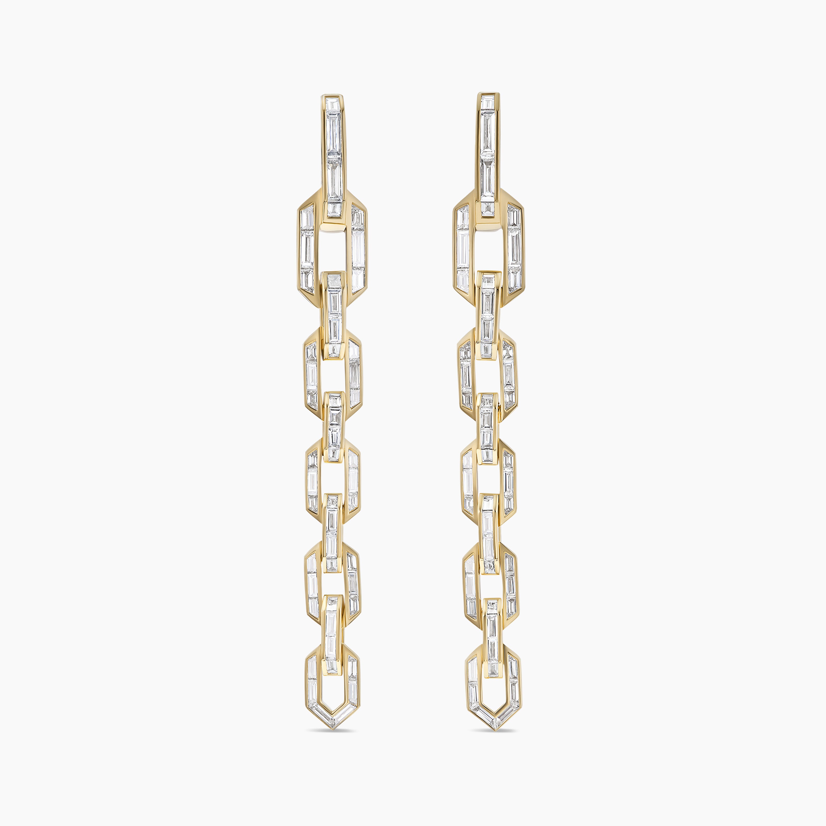 Womens Deco Chain Link Drop Earrings in Yellow Gold with Diamonds