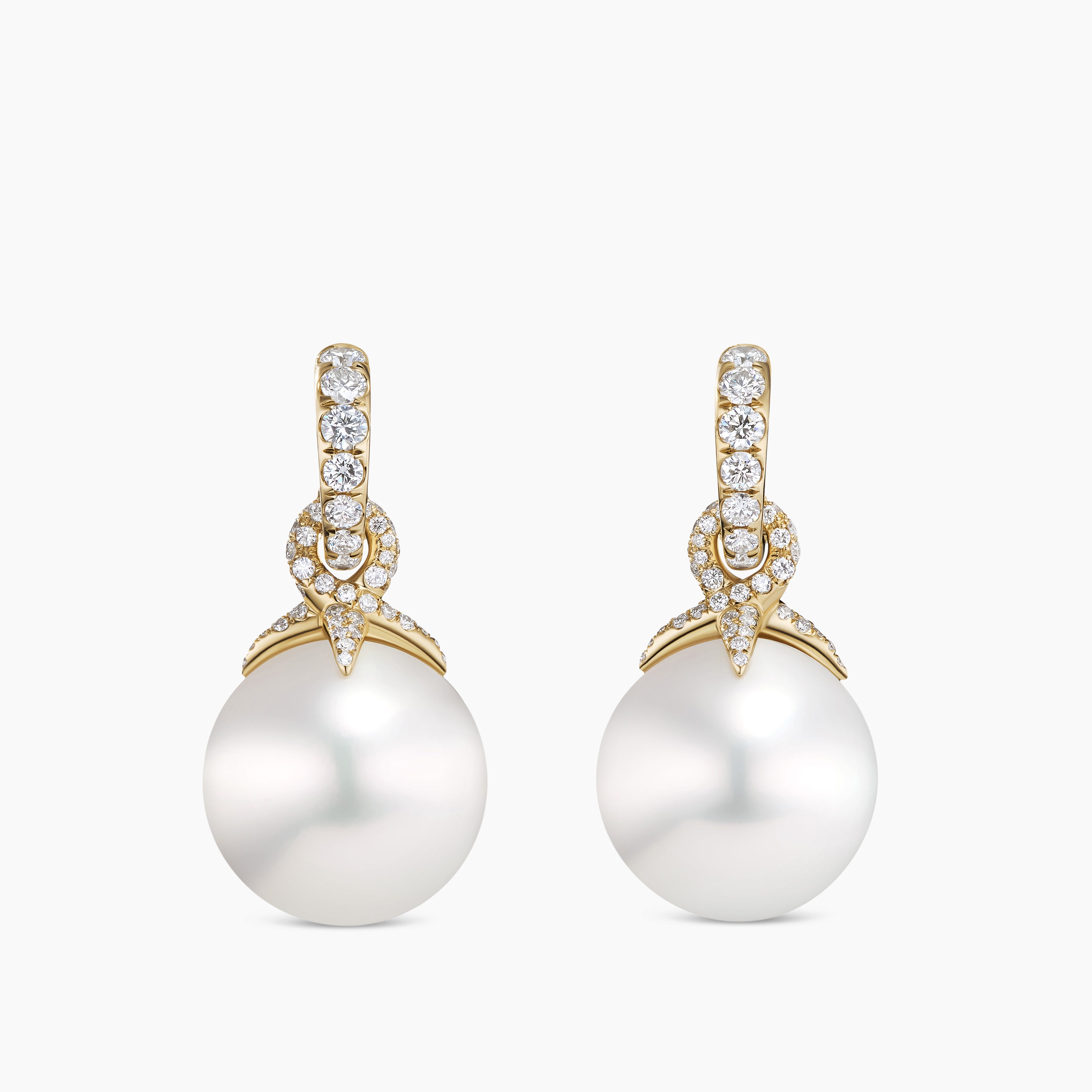 Womens DY Lumina South Sea White Pearl Classic Drop Earrings in Yellow Gold with Diamonds