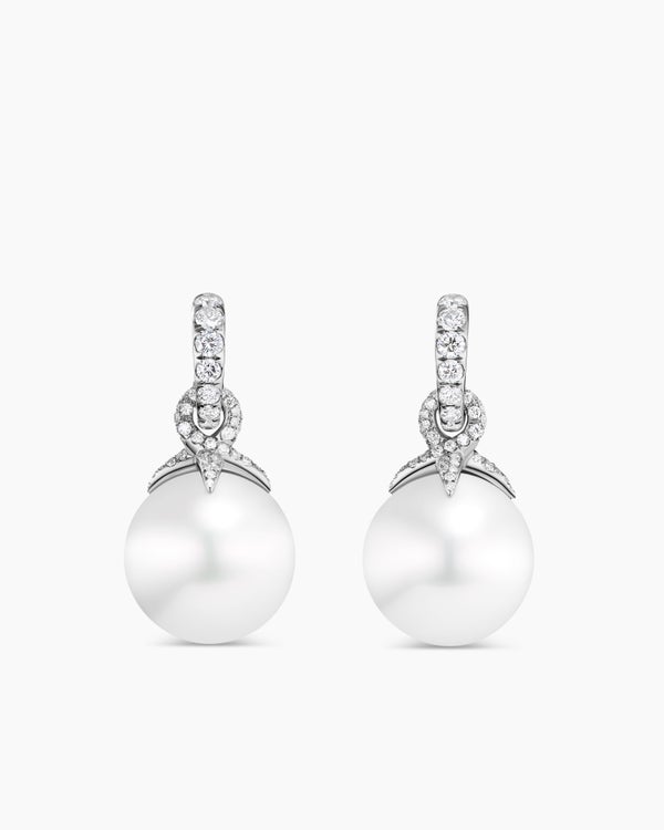 DY Lumina South Sea White Pearl Classic Drop Earrings in White Gold with Diamonds