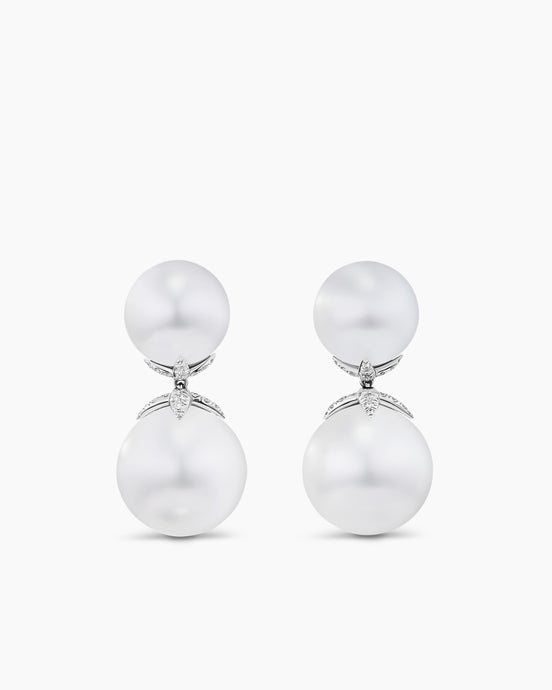DY Lumina South Sea White Pearl Drop Earrings in White Gold with Diamonds