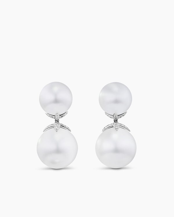 DY Lumina South Sea White Pearl Drop Earrings in White Gold with Diamonds