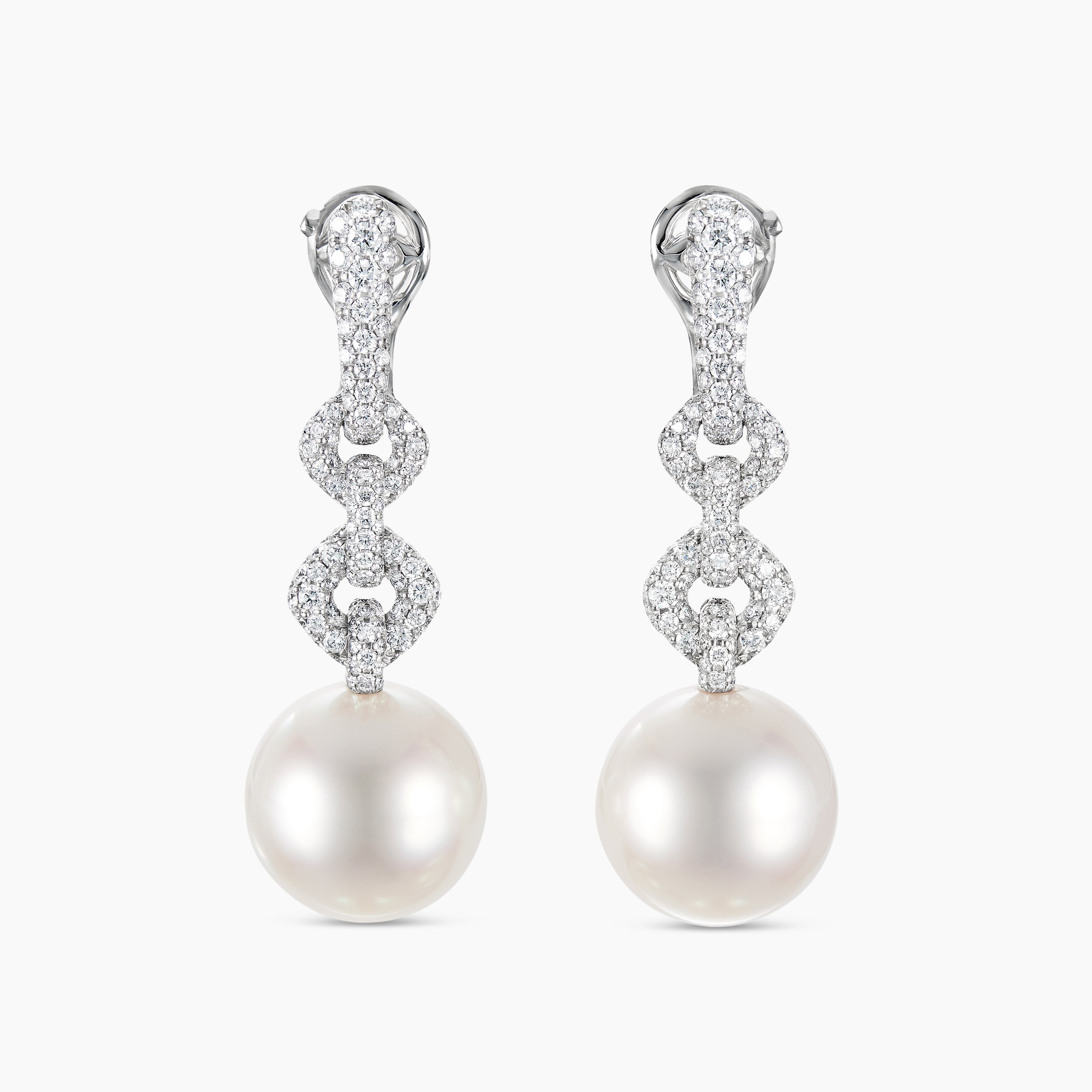Womens DY Lumina Chain Link Pav&eacute; Drop Earrings in White Gold with South Sea White Pearls and Diamonds