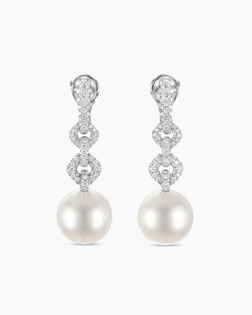 Boucles d’oreilles pendantes à pavé Chain Link DY Lumina en or blanc avec perles blanches des mers du sud et diamants femmes