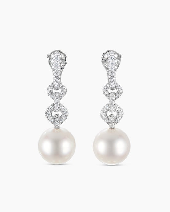 DY Lumina Chain Link Pavé Drop Earrings in White Gold with South Sea White Pearls and Diamonds