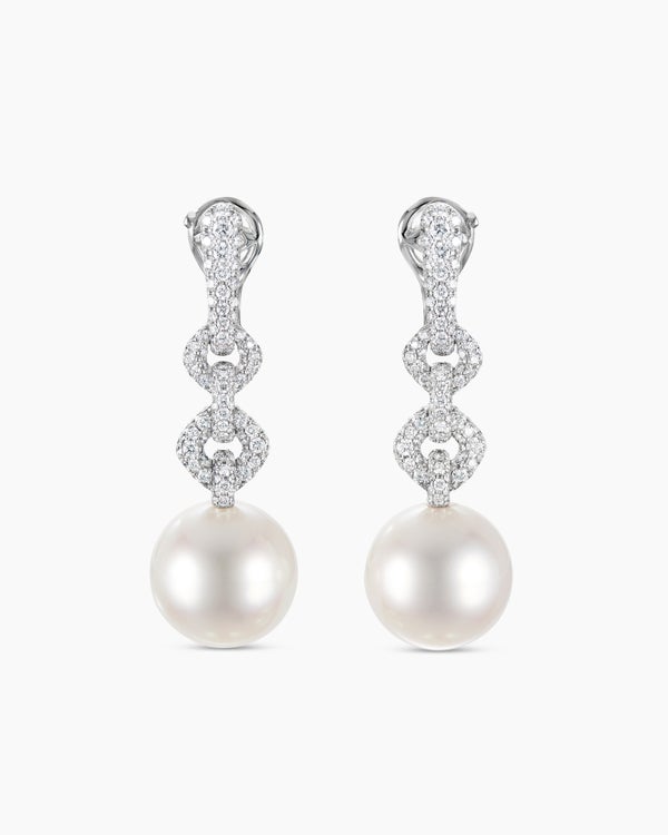 DY Lumina Chain Link Pavé Drop Earrings in White Gold with South Sea White Pearls and Diamonds