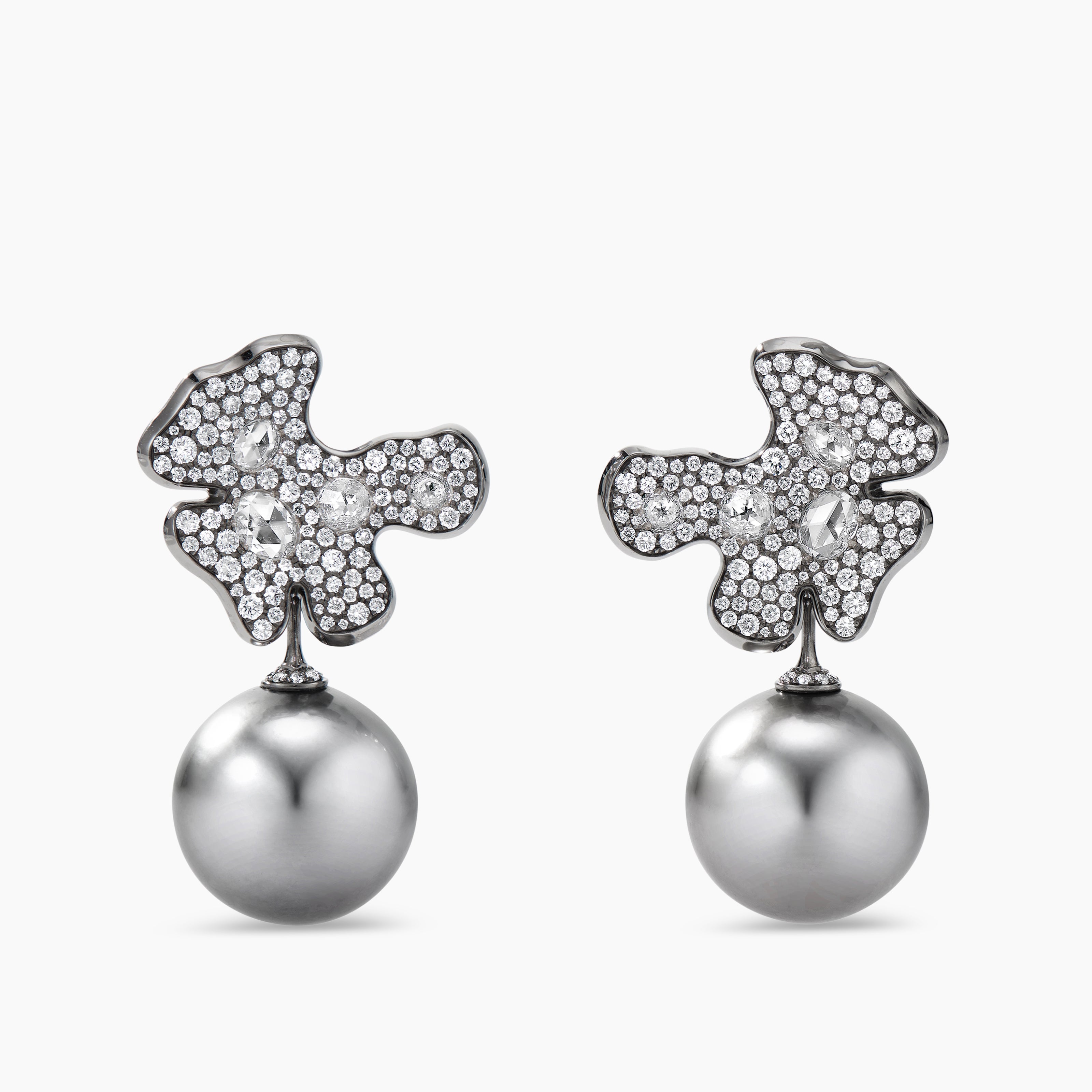 Womens Petals and Tahitian Grey Pearl Drop Earrings in White Gold with Rhodiated Black and Diamonds
