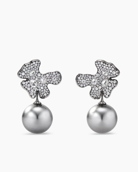 Petals and Pearl Drop Earrings in White Gold with Rhodiated Black and Diamonds