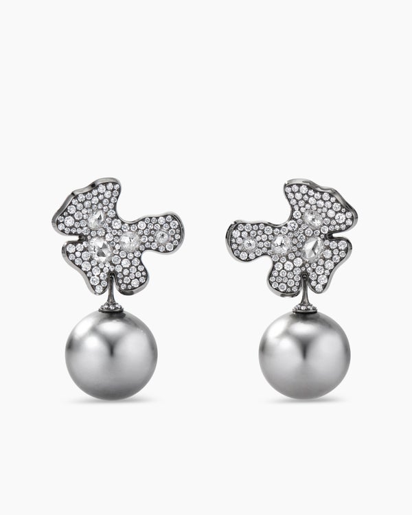 Petals and Tahitian Grey Pearl Drop Earrings in White Gold with Rhodiated Black and Diamonds